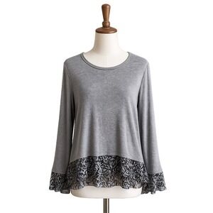 Bailey 44 Layered Top Women Medium‎ Gray Floral Chiffon Trim Long Sleeve Floral